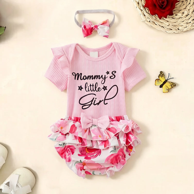 3PCS Vivid Mommy's Little Girl Letter Floral Print Short Sleeve Baby Set