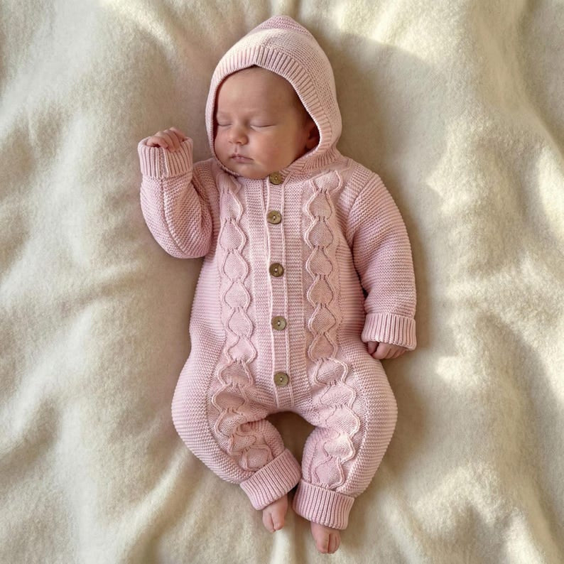 Comfy Solid Color Long Sleeve Hoodie Baby Knit Jumpsuit