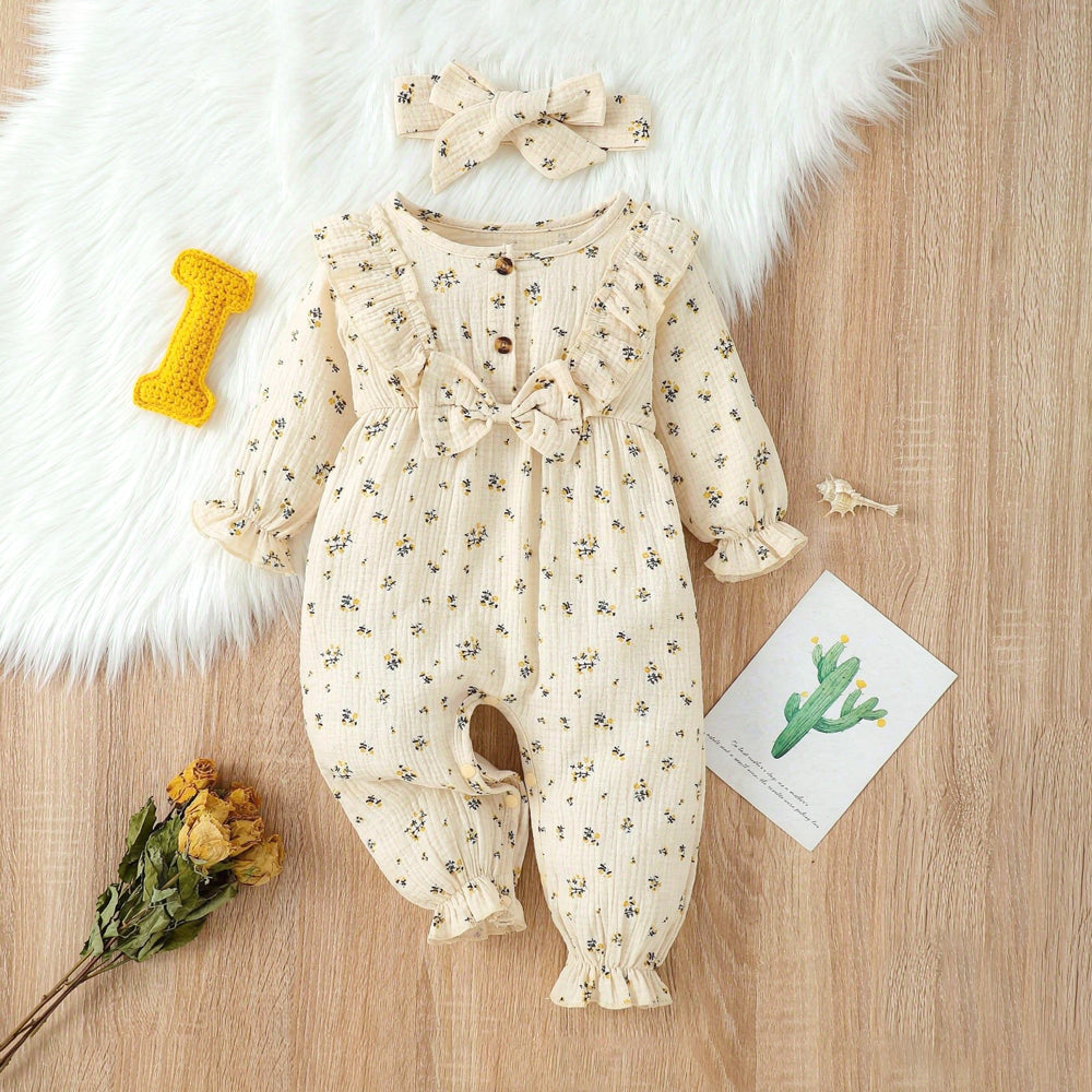 2PCS Allover Pretty Floral Printed Long Sleeve Baby Jumpsuit