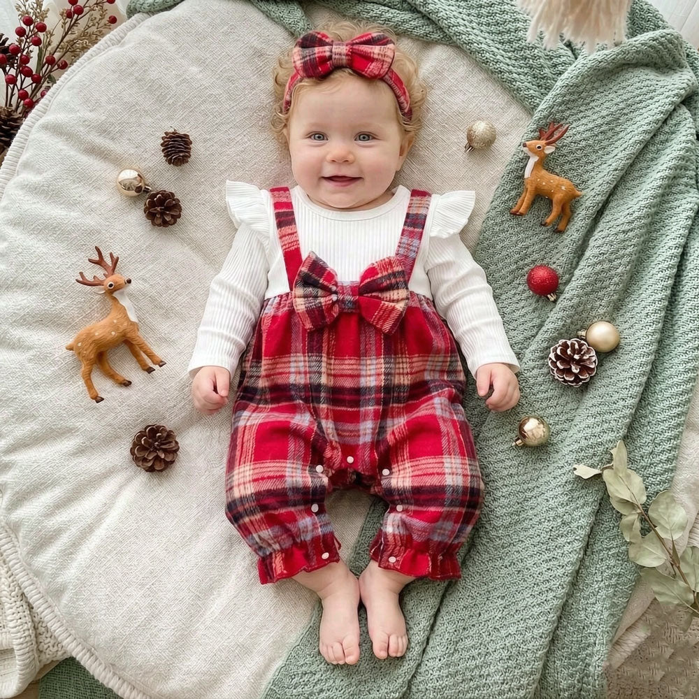 2PCS Chic Color Block Plaid Printed Long Sleeve Baby Girl Jumpsuit