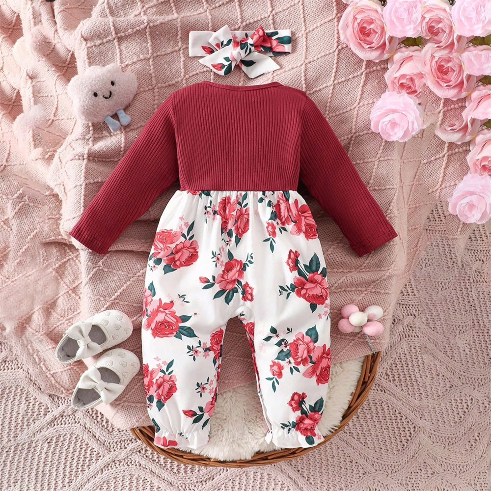 2PCS Trendy Floral Print Long Sleeve Baby Jumpsuit