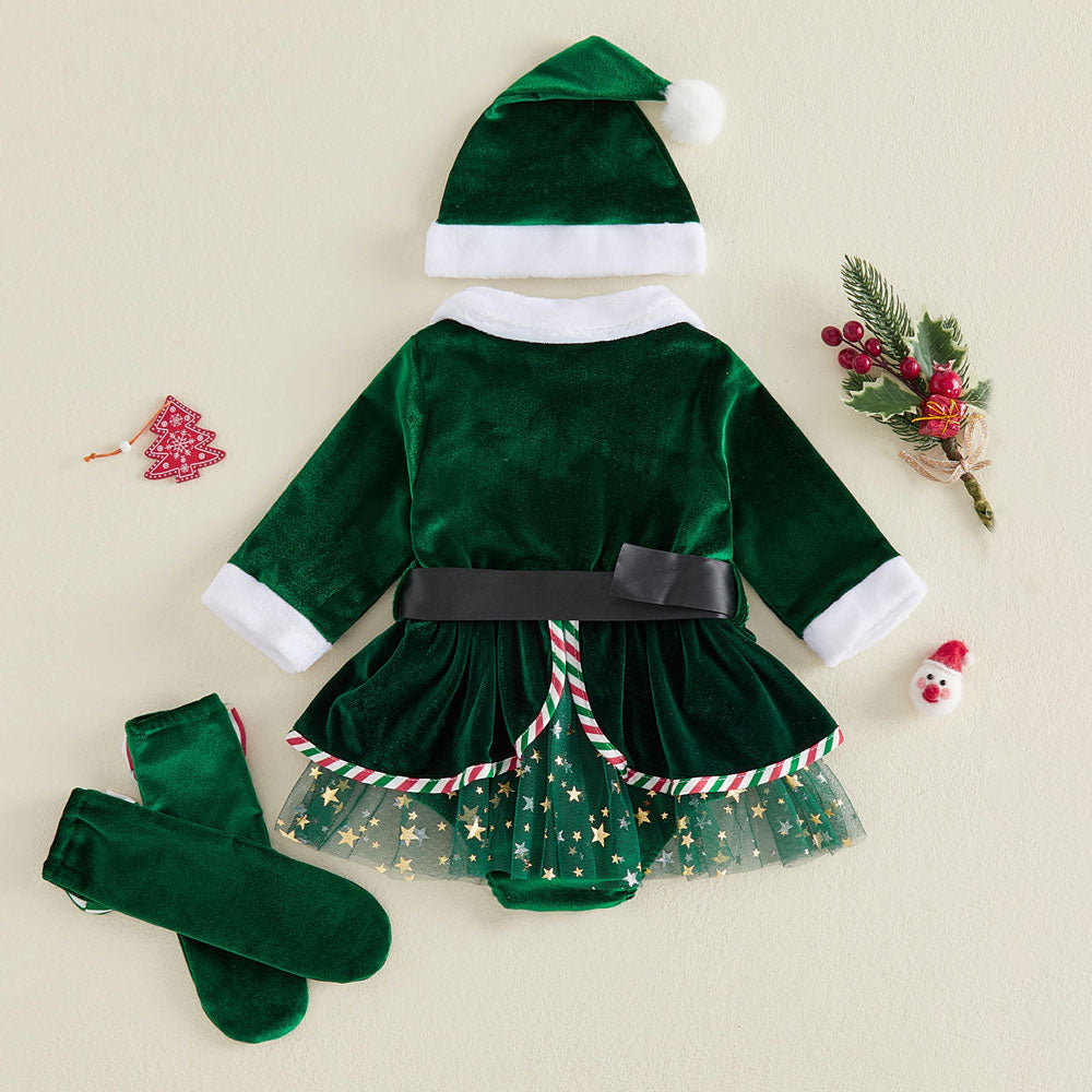 3PCS Christmas Santa Claus Printed Tulle Long Sleeve Baby Romper