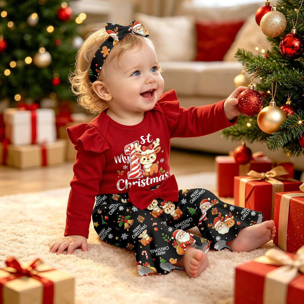3PCS Sweet My 1st Christmas Letter Santa Reindeer Print Baby Girl Set