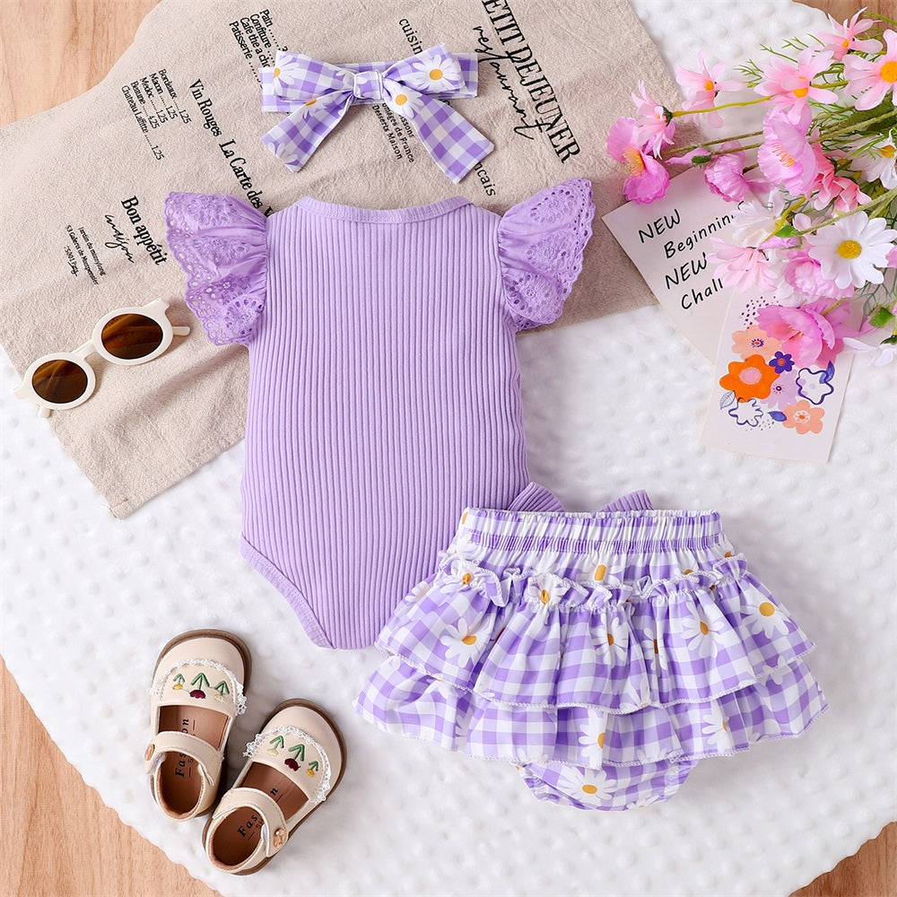 3PCS Auntie Is My Bestie Letter Floral Printed Plaid Fly Sleeve Baby Set