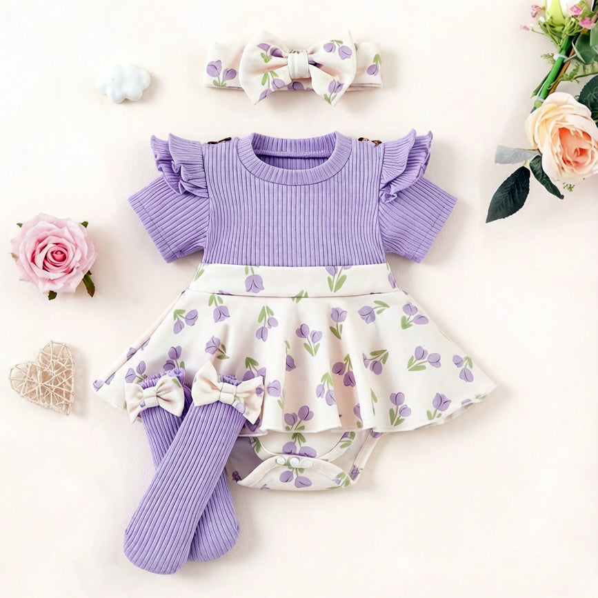 3PCS Charming Floral Print Long Sleeve Baby Romper