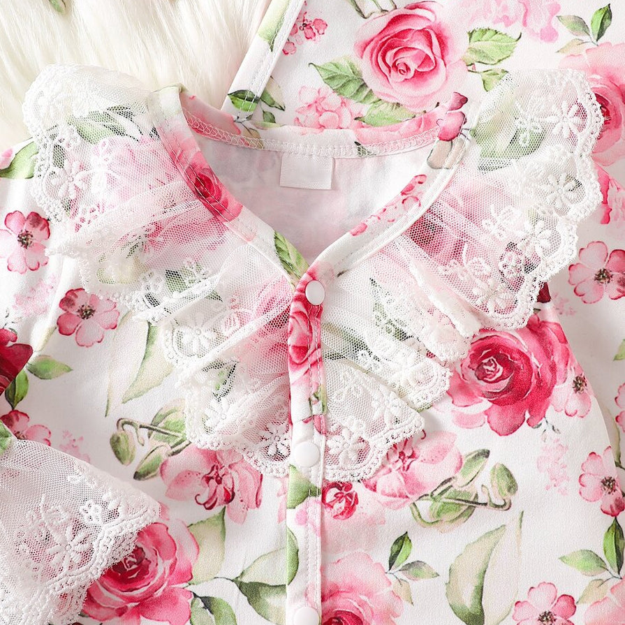 2PCS Vivid Floral Print Lace Long Sleeve Baby Girl Jumpsuit