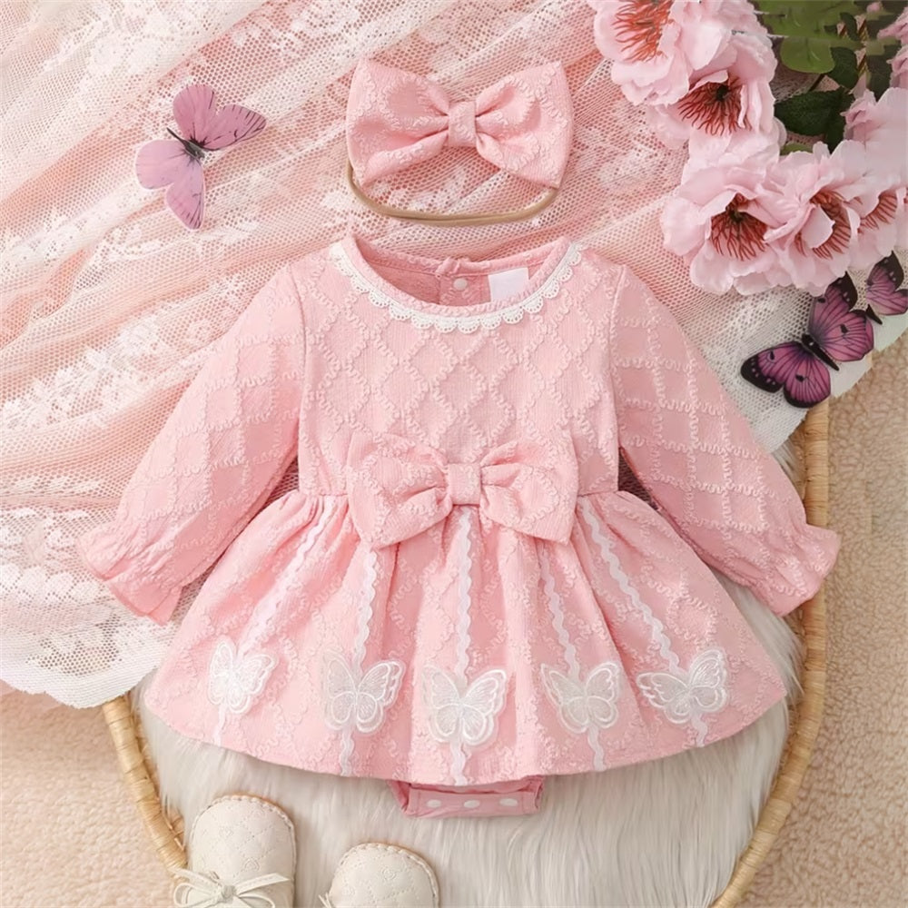 2PCS Sweet Butterfly Patch Long Sleeve Baby Romper