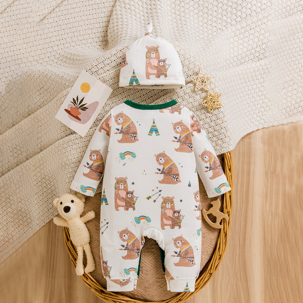 2PCS Adorable Bear Printed Long Sleeve Baby Boy Jumpsuit