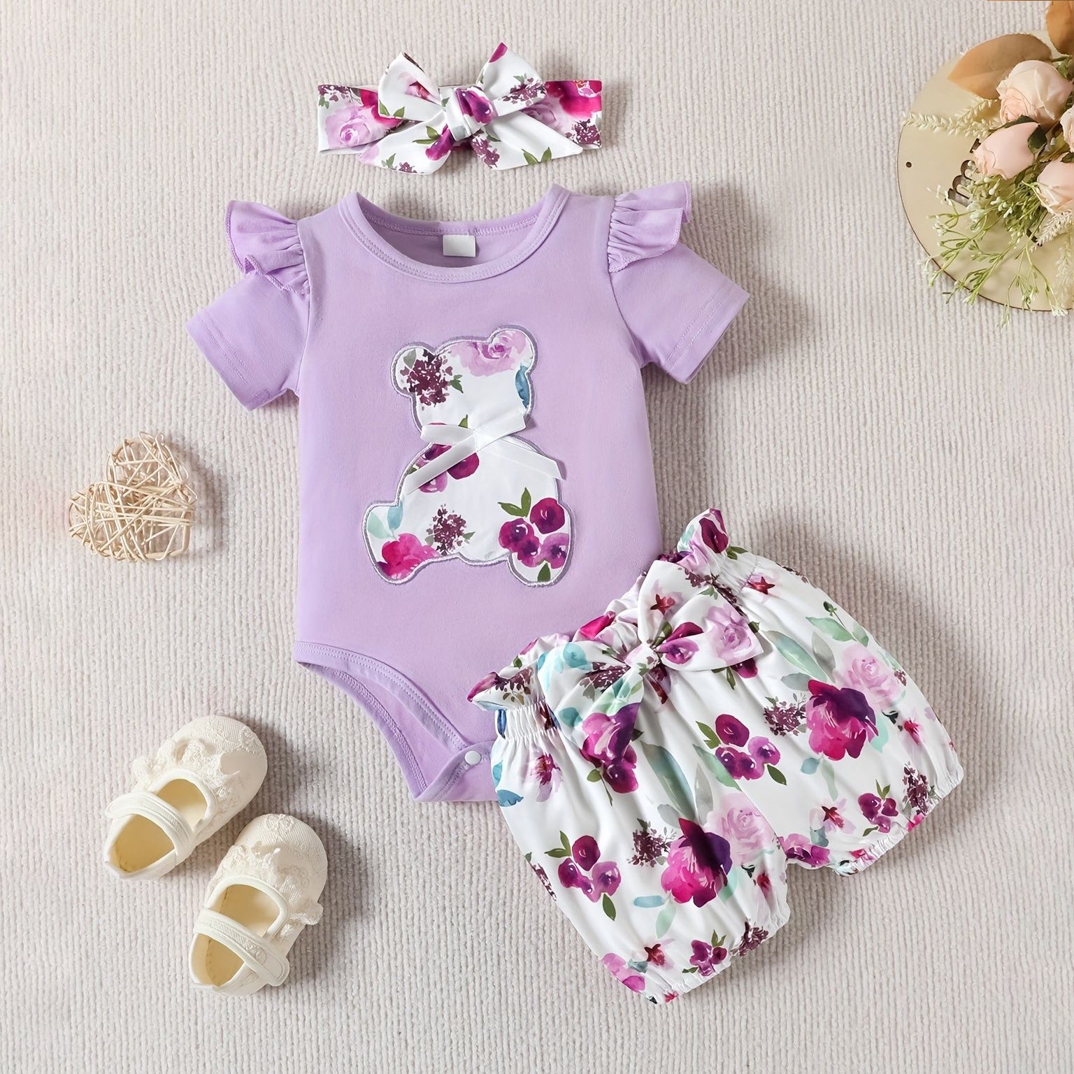3PCS Little Bear Floral Printed Short Sleeve Baby Set