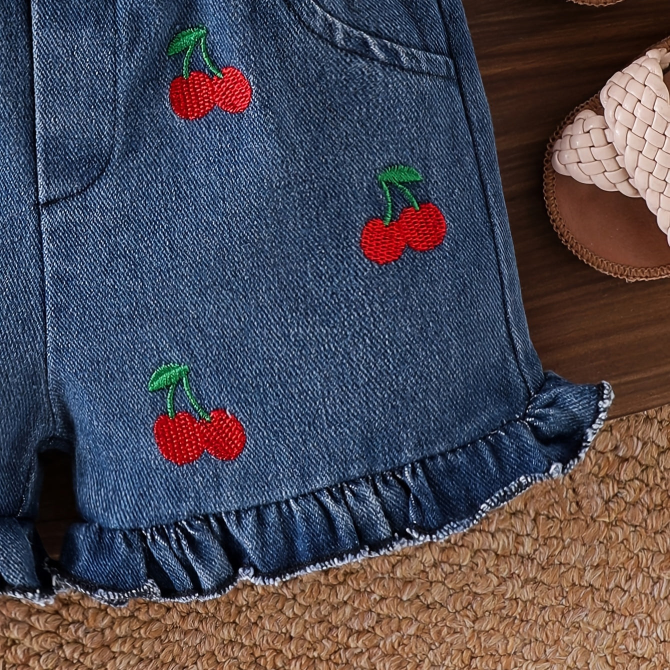 2PCS Summer Cherry Embroidery Flutter Sleeve Denim Baby Set