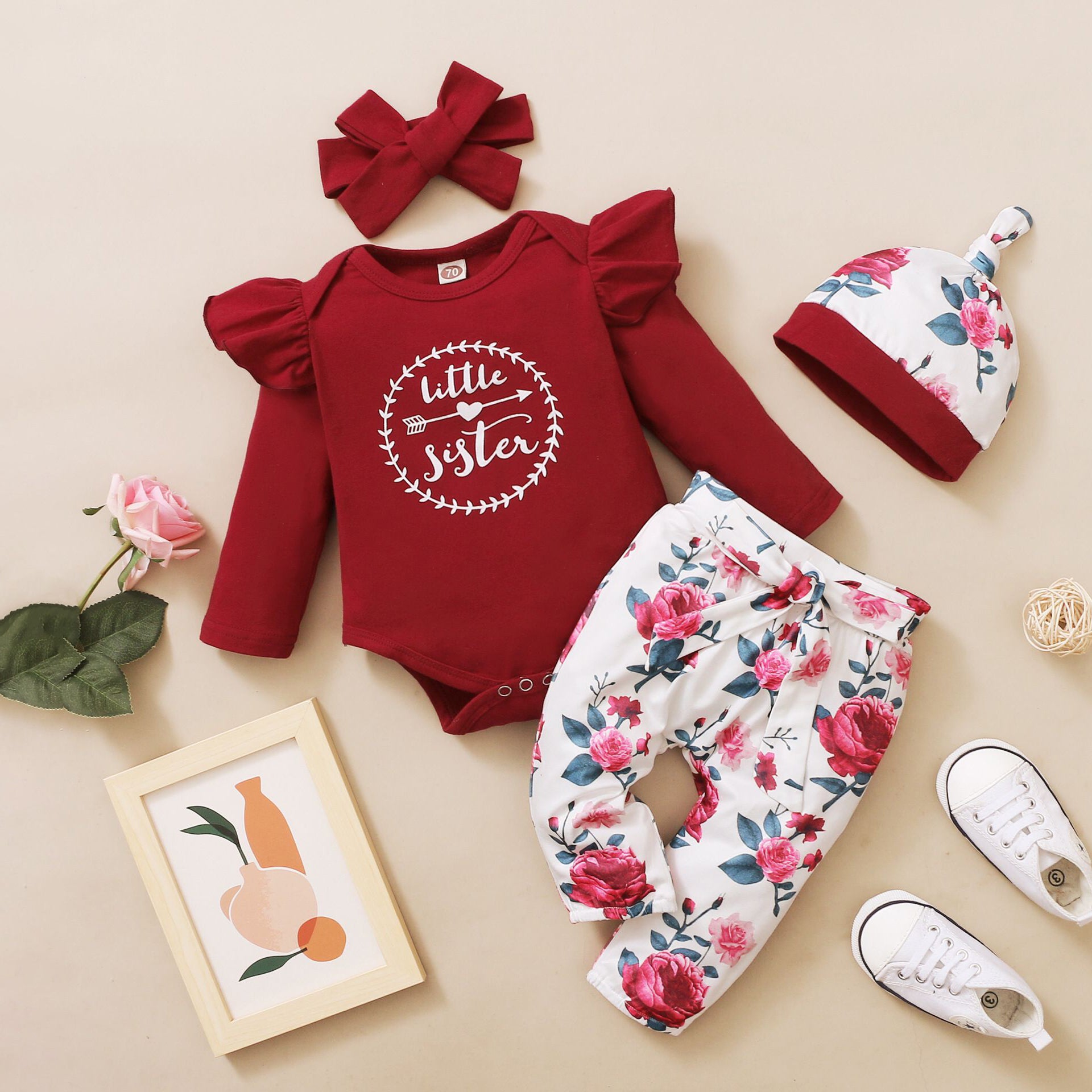 4PCS Pretty Little Sister Letter Floral Printed Long Sleeve Baby Set