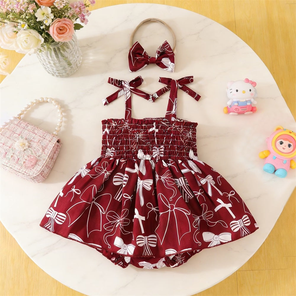 2PCS Trend Bow Printed Camisole Baby Romper