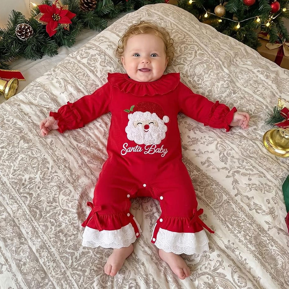 Christmas Letter Santa Claus Applique Baby Girl Jumpsuit