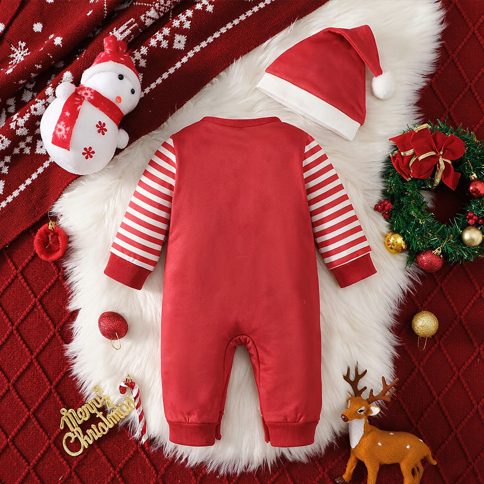 2PCS Sweet Santa Stripe Print Long Sleeve Baby Christmas Jumpsuit