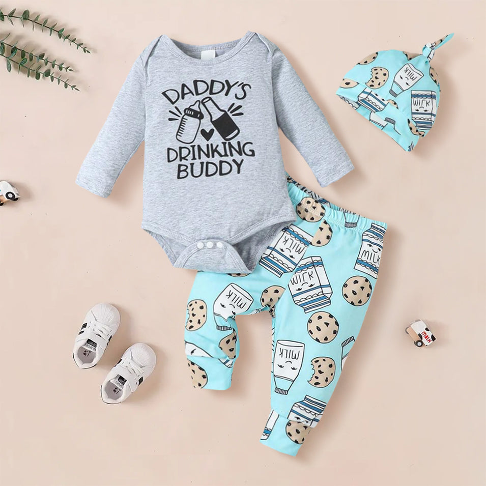 3PCS Daddy's Drinking Buddy Letter Cookie Printed Baby Set