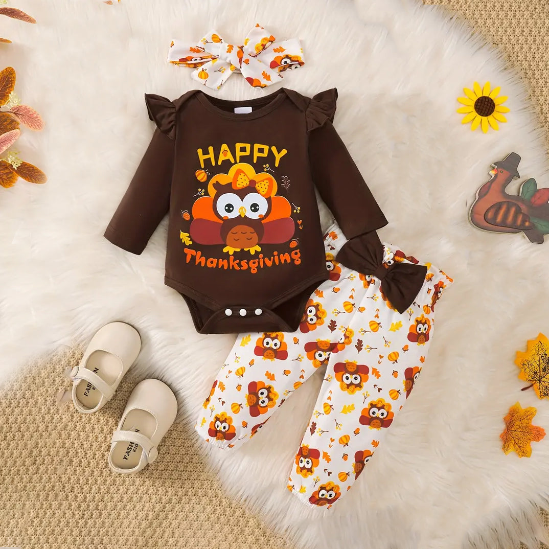 3PCS Happy Thanksgiving Letter Turkey Printed Long Sleeve Baby Set