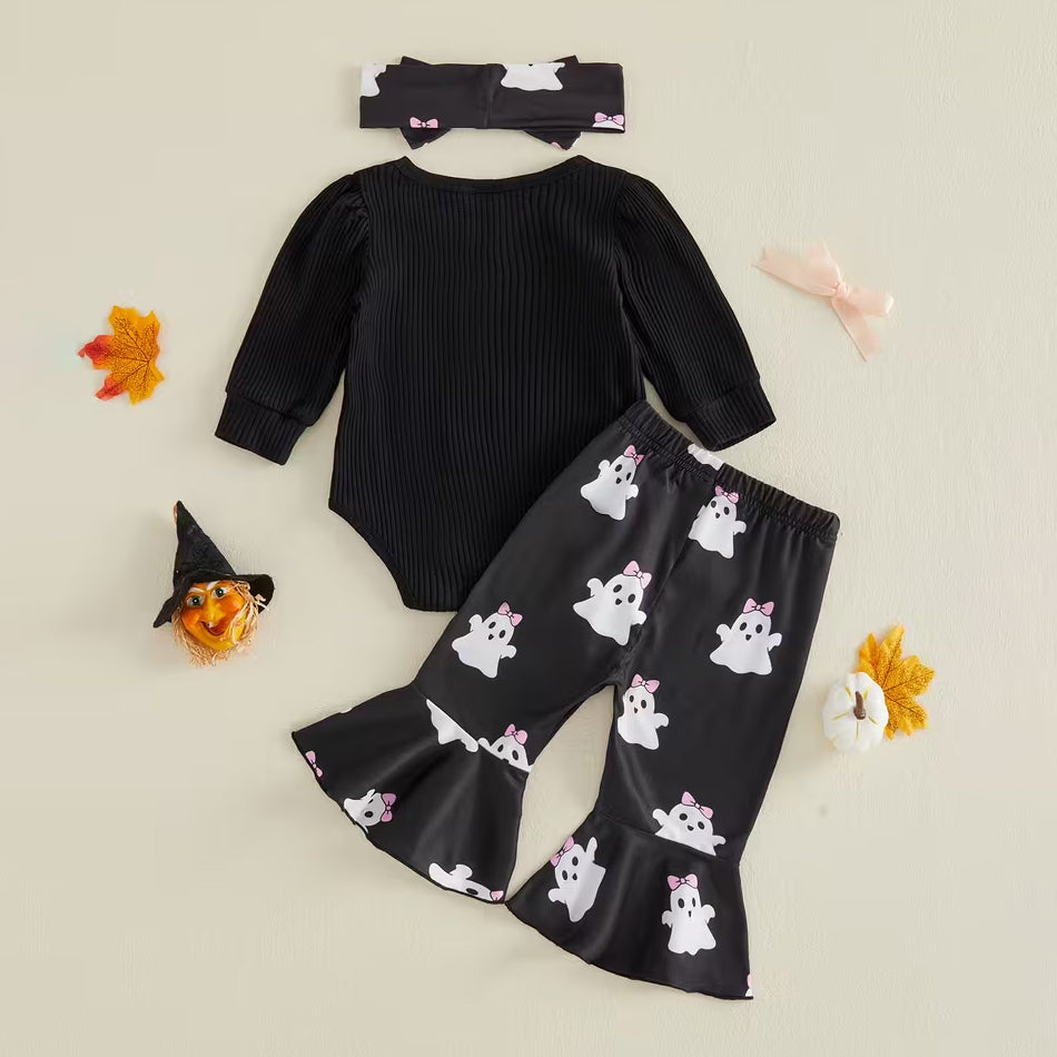 3PCS My First Halloween Letter Ghost Print Long Sleeve Baby Set