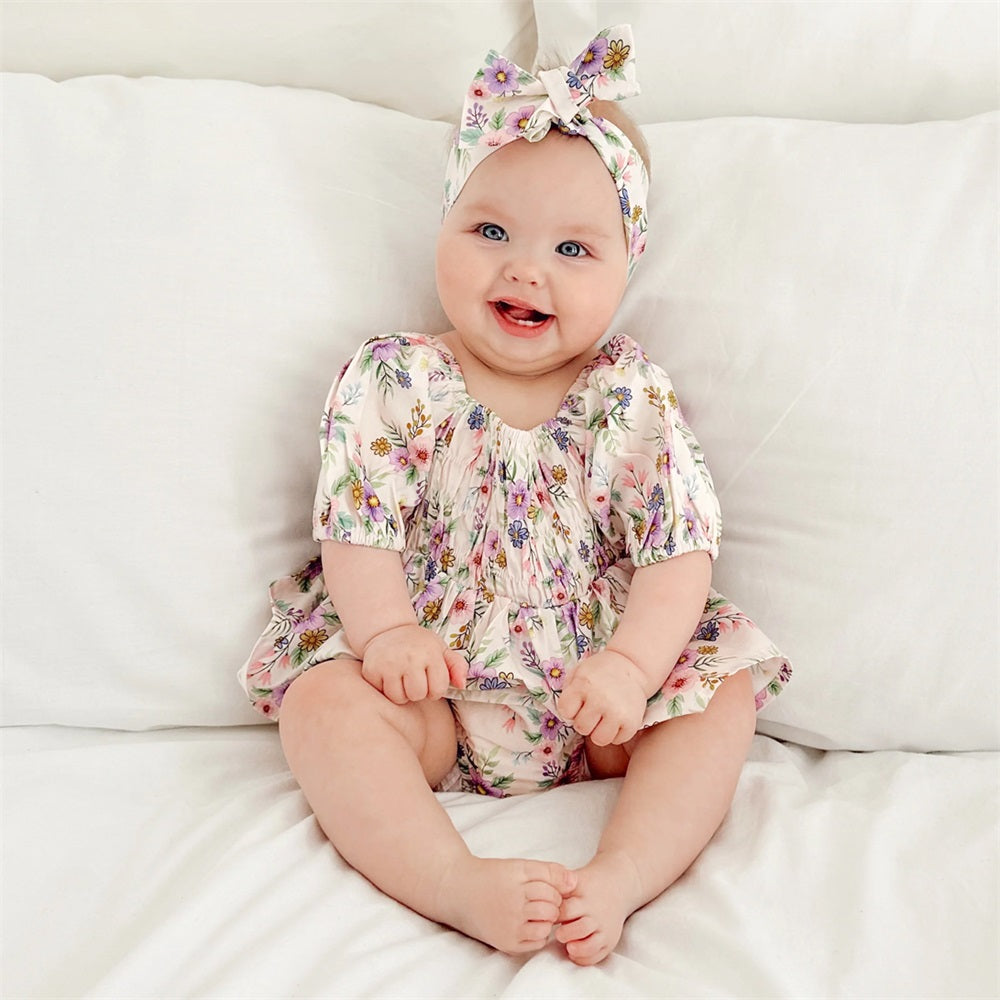 2PCS Pretty Floral Printed Short Sleeve Baby Romper