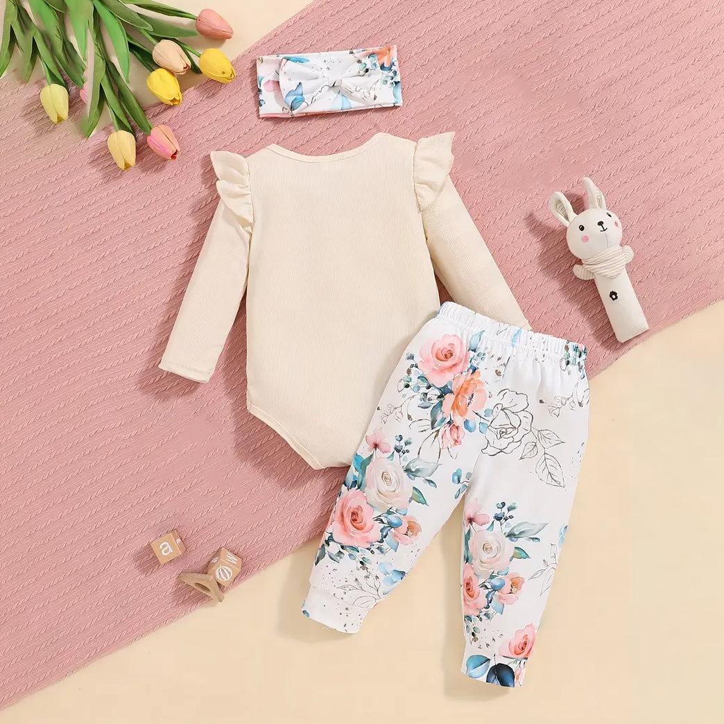 3PCS The Princess Has Arrived Letter Floral Printed Baby Set