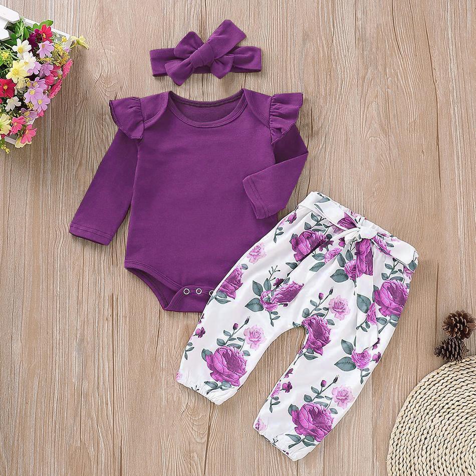 3PCS Lovely Solid Floral Panted Baby Set