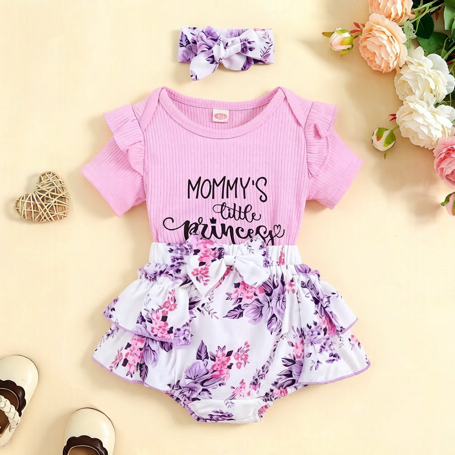 2PCS Mommy's Little Princess Letter Floral Print Baby Romper