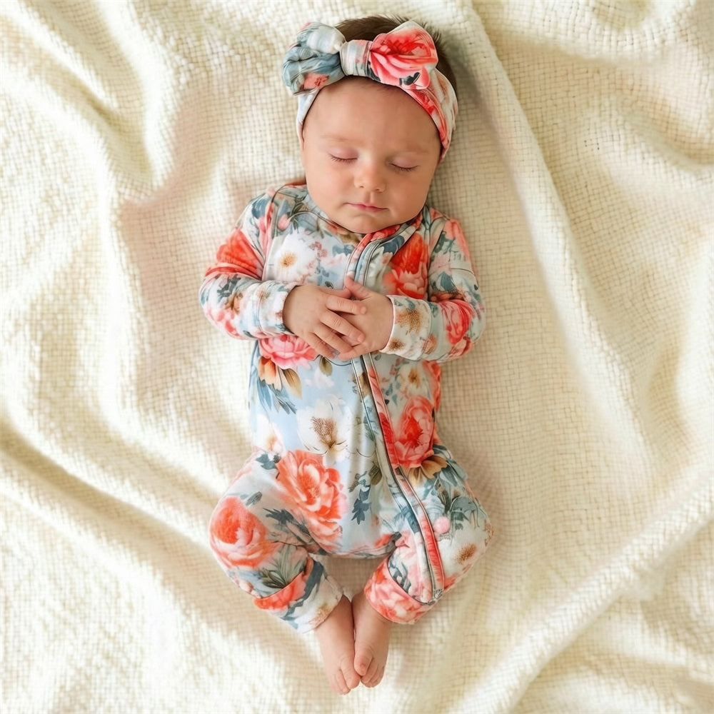 2PCS Charming Floral Printed Zipper Baby Girl Jumpsuit