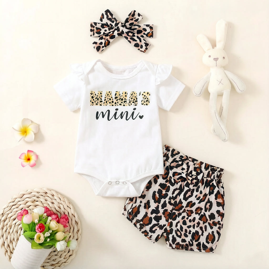 3PCS Mama's Mini Letter Leopard Print Short Sleeve Baby Set