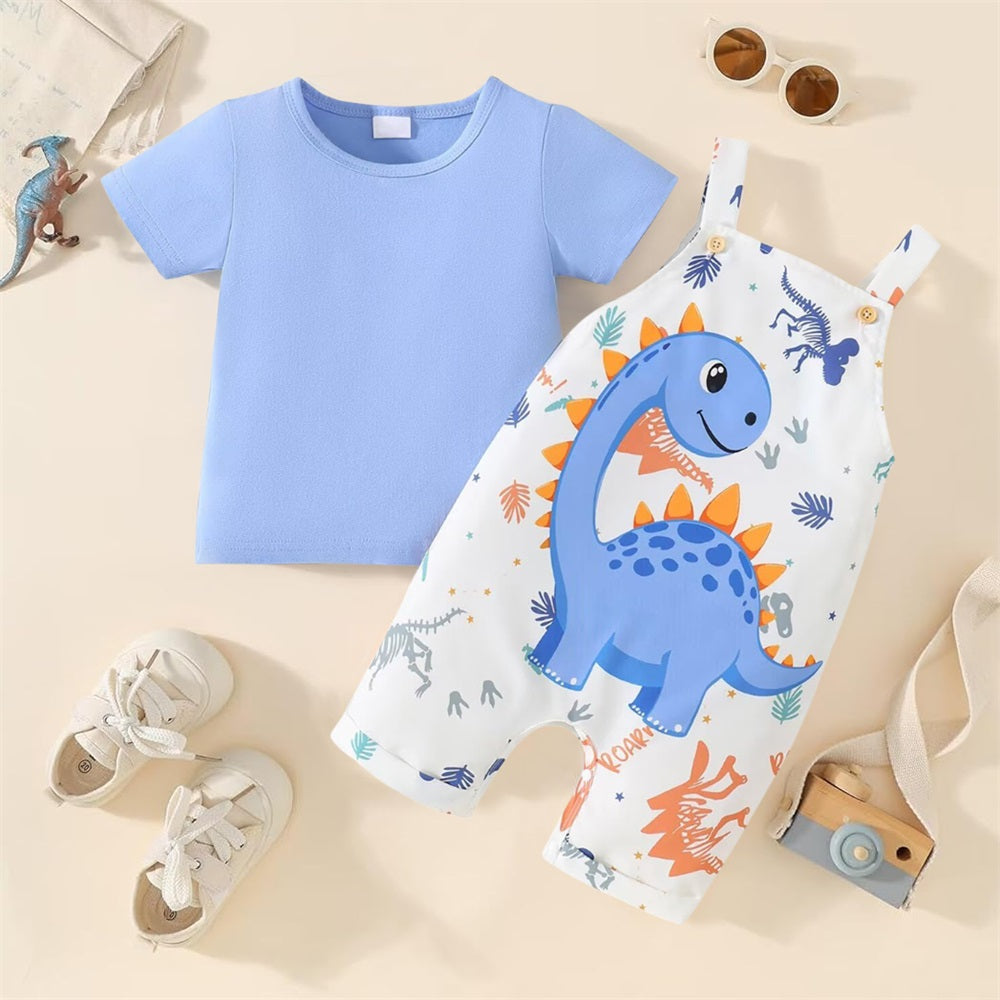 2PCS Summer Dinosaur Printed Short Sleeve Baby Overalls Set