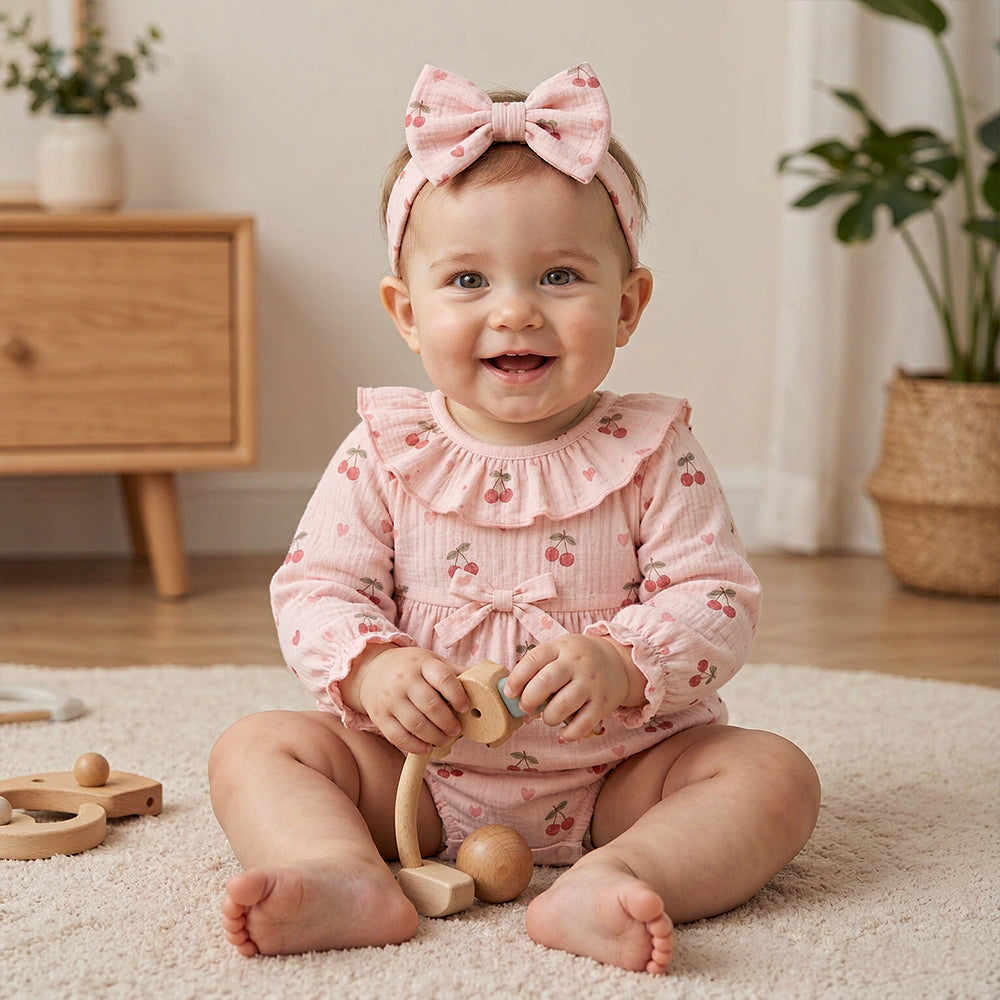 2PCS Sweet Baby Girl Cherry Heart Print Long Sleeve Romper