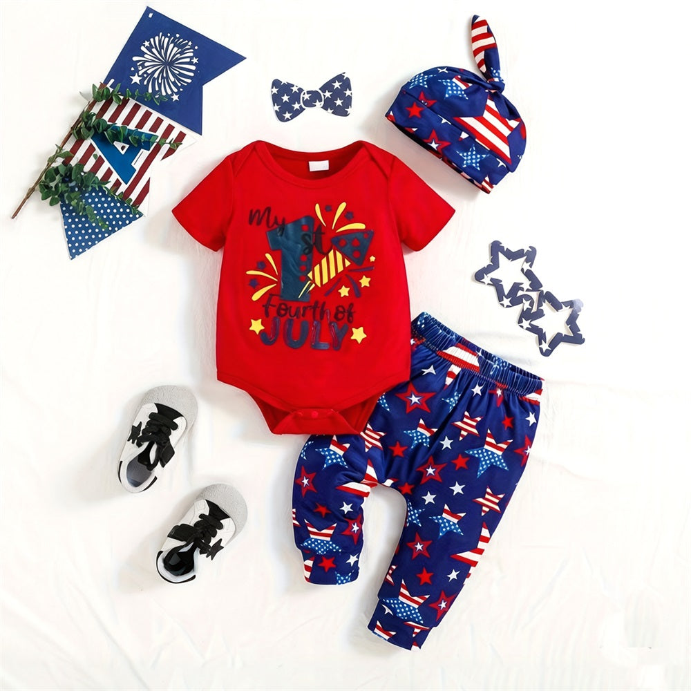 3PCS My 1st Fourth of July Letter Star Printed Short Sleeve Baby Set