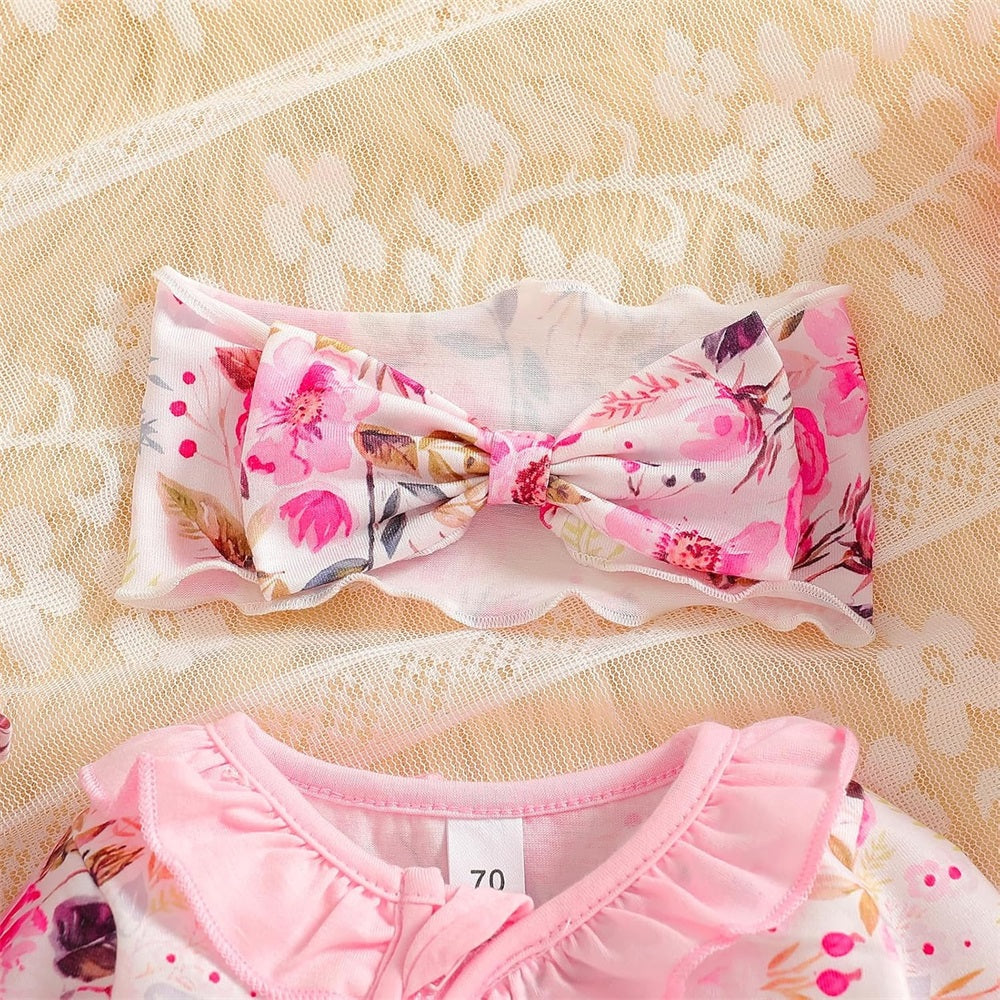 3PCS Sweet Floral Print Frill Long Sleeve Baby Jumpsuit