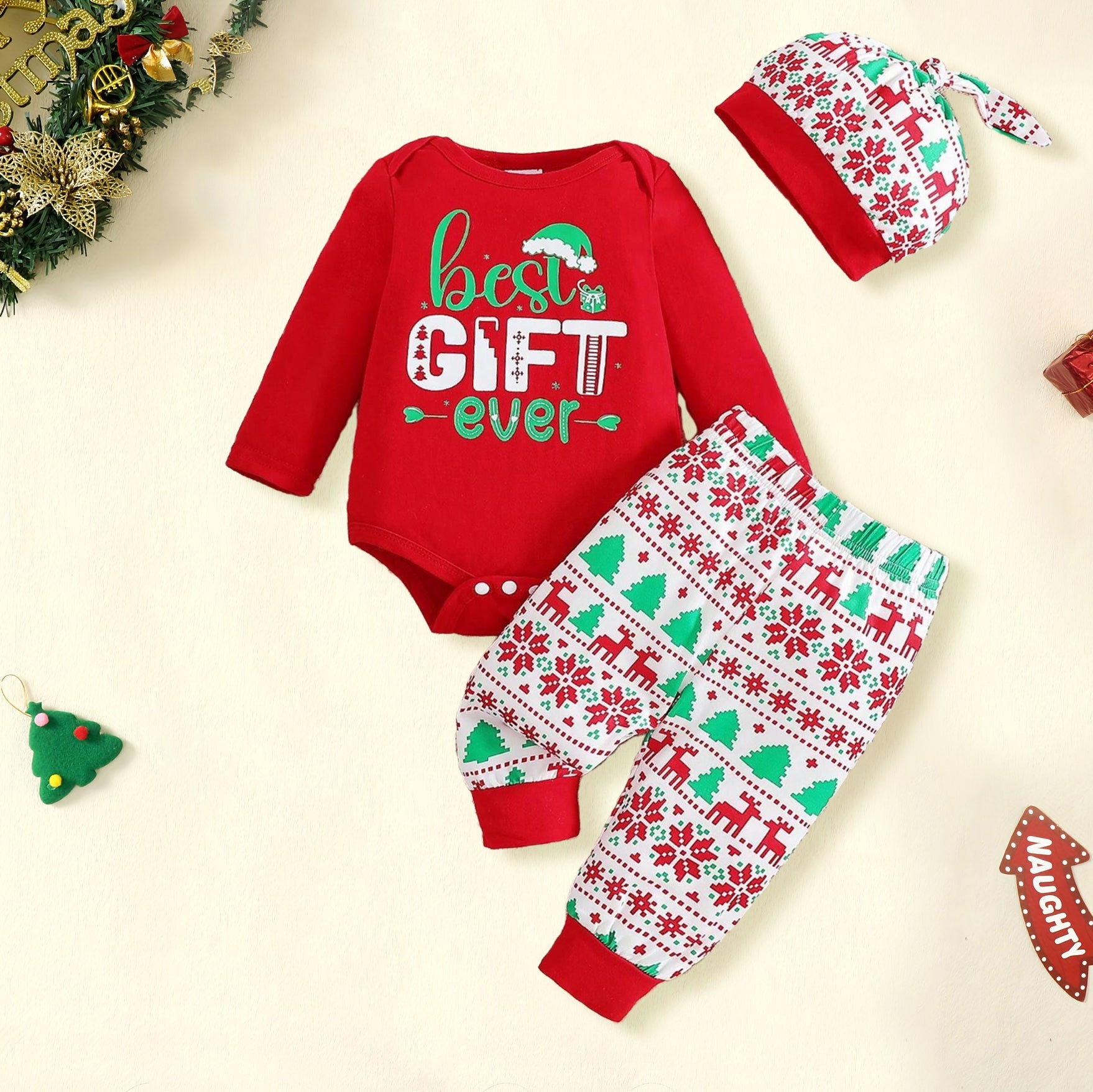 3PCS Best Gift Ever Letter Christmas Pattern Printed Long Sleeve Baby Set