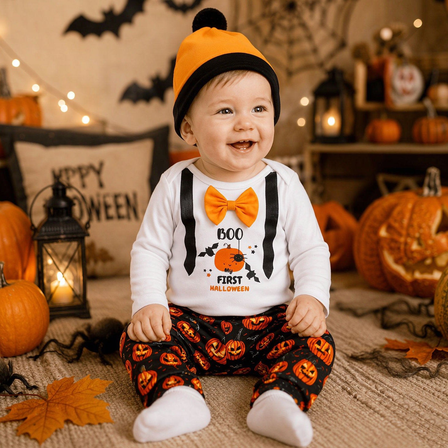 3PCS Boo My First Halloween Letter Pumpkin Printed Long Sleeve Baby Set