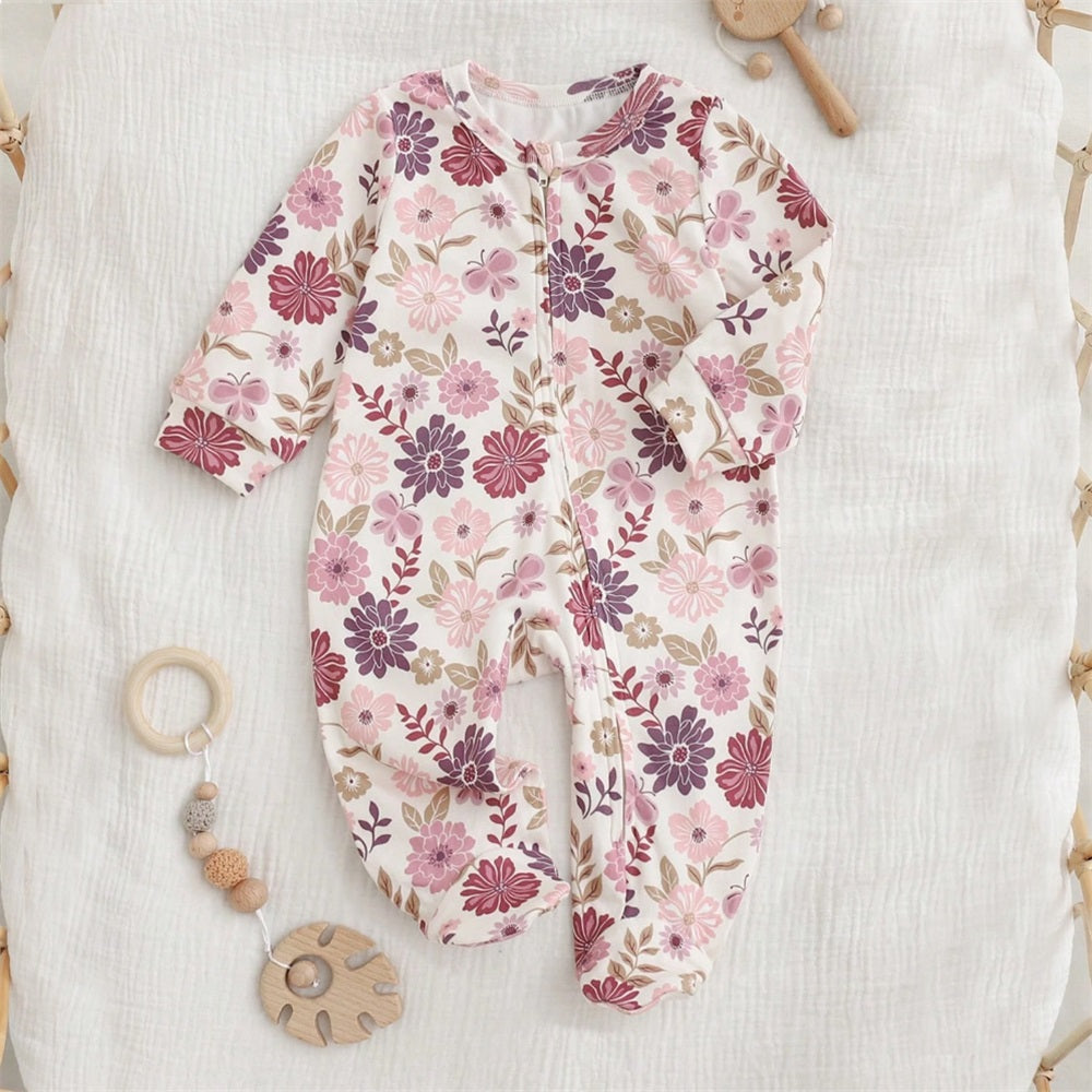 Casual Floral Print Long Sleeve Zip Baby Jumpsuit