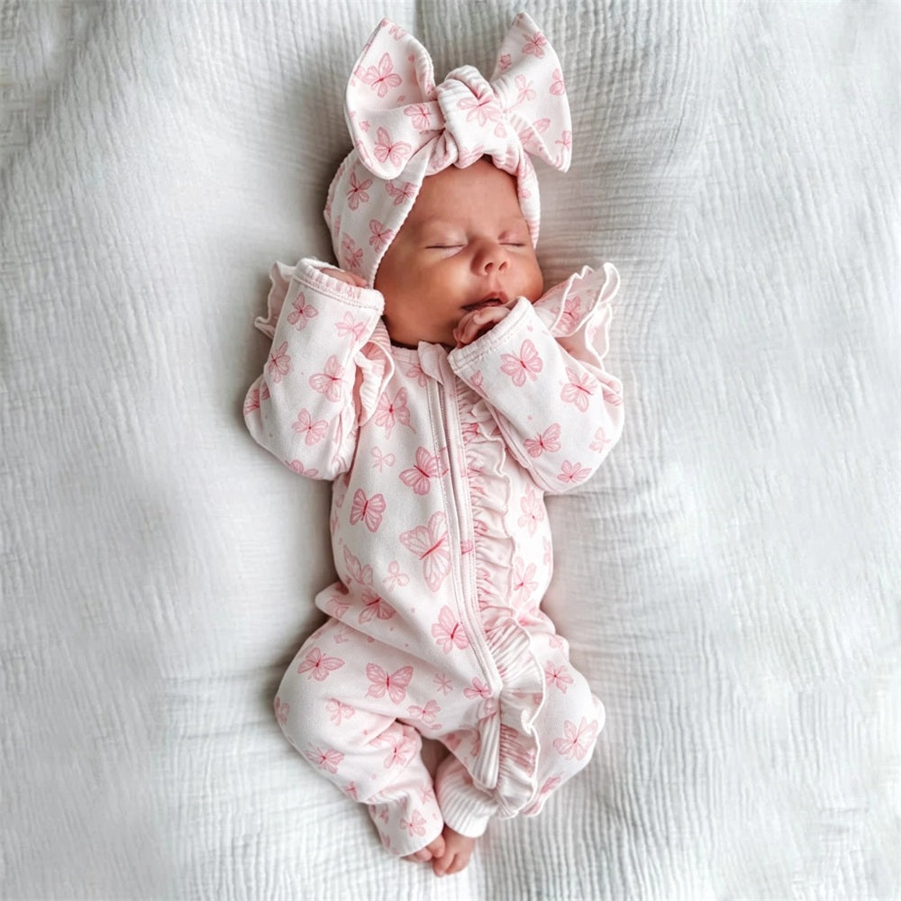 2PCS Graceful Butterfly Printed Long Sleeve Zipper Baby Jumpsuit