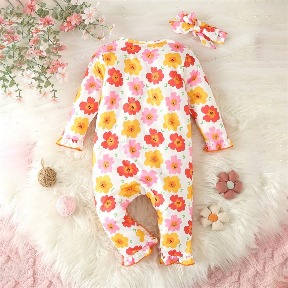 2PCS Allover Floral Print Long Sleeve Baby Jumpsuit
