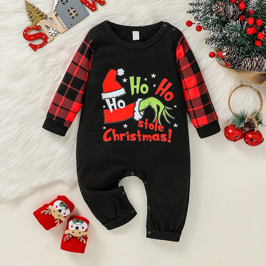 2PCS HO HO HO Stole Christmas Letter Printed Baby Jumpsuit