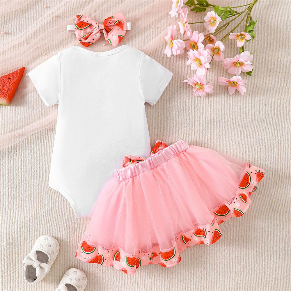 3PCS One in A Melon Letter Print Short Sleeve Baby Skirt Set
