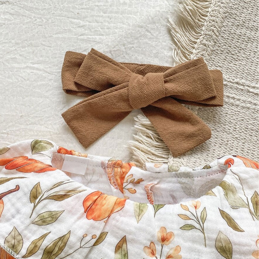 2PCS Color Block Pumpkin Print Bow Long Sleeve Baby Jumpsuit