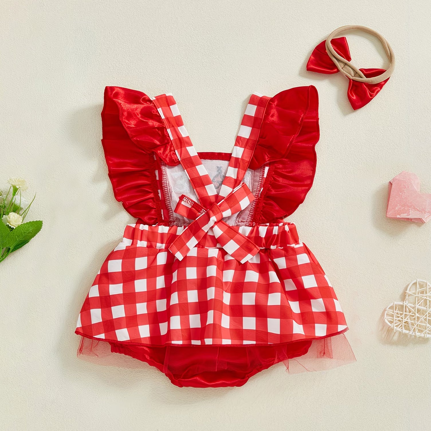2PCS Love Girl Embroidery Plaid Print Sleeveless Baby Romper