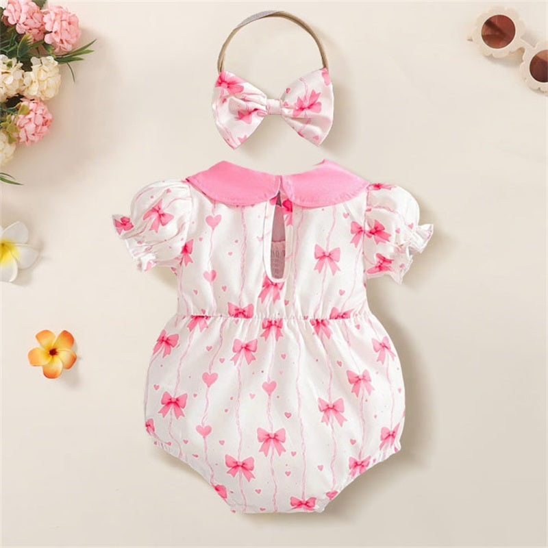 2PCS Bow Printed Polo Collar Short Sleeve Baby Romper