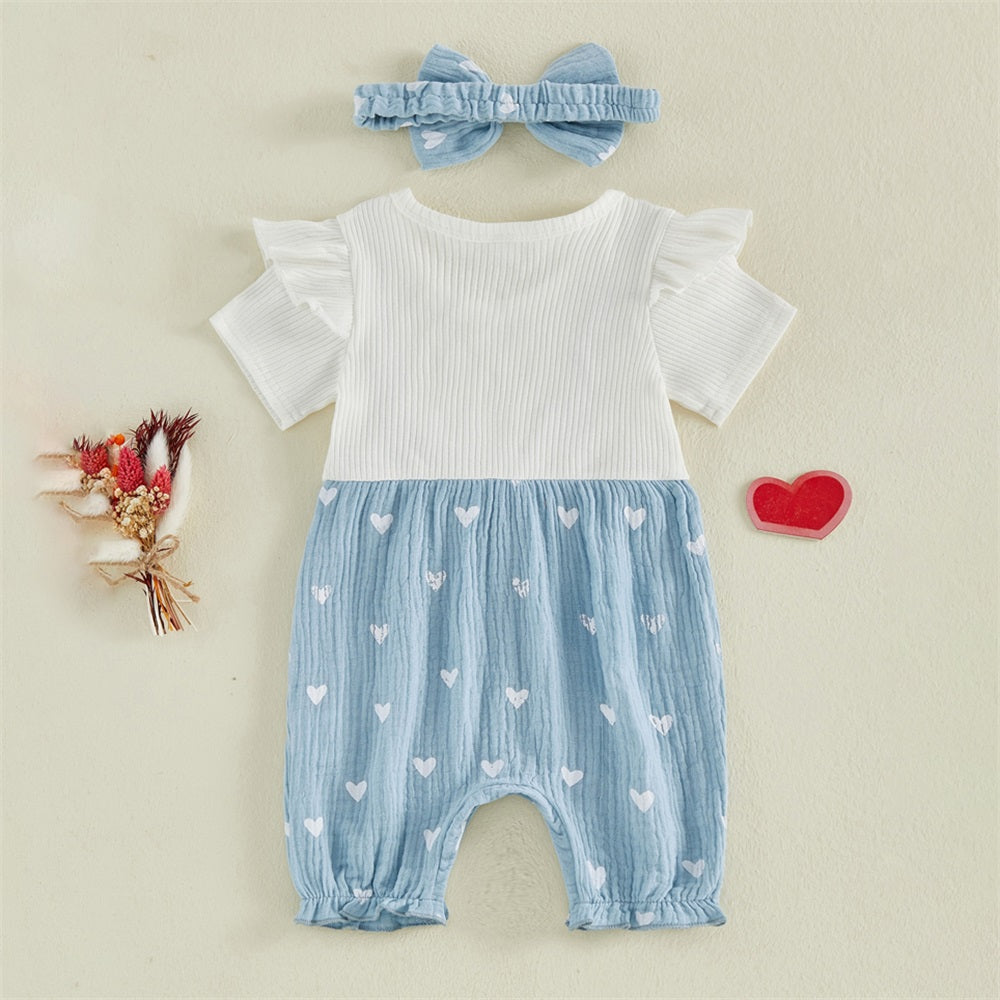 2PCS Adorable Heart Printed Bow Short Sleeve Baby Jumpsuit