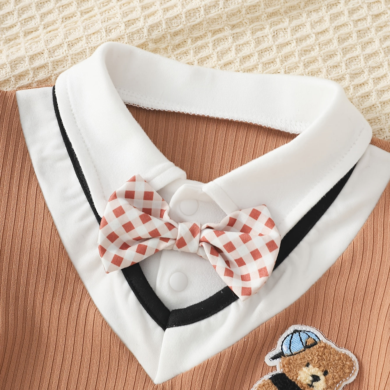 2PCS Preppy Style 3D Chenille Bear Patch Short Sleeve Baby Set