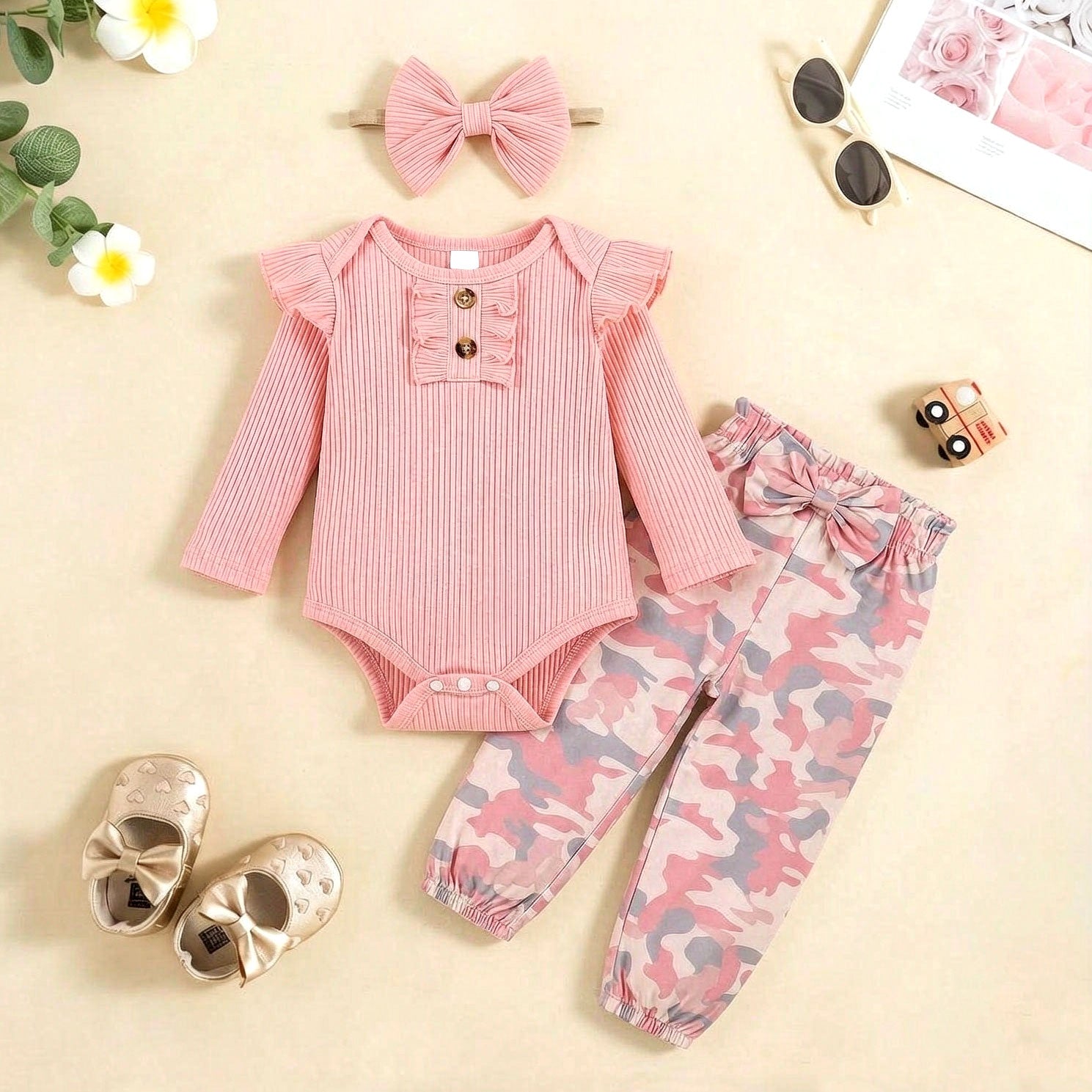 3PCS Casual Camouflage Printed Long Sleeve Baby Girl Set