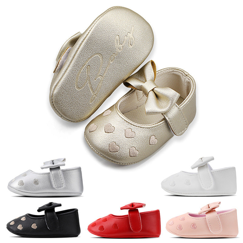 Embroidered Heart Bow Soft Sole Baby Prewalker Shoes
