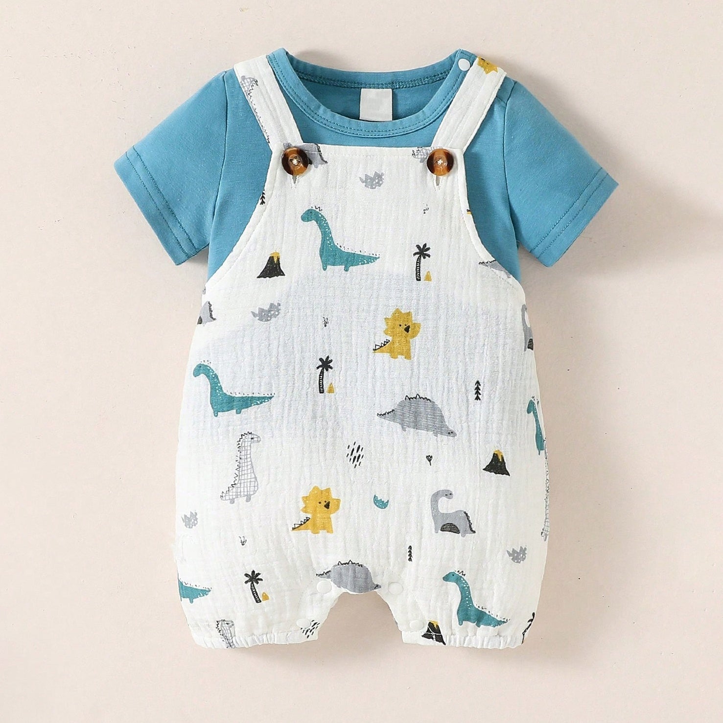 2PCS Cute Cartoon Dinosaur Printed Short Sleeve Baby Set