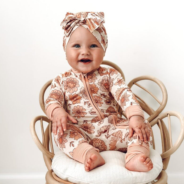 Adorable Allover Floral Printed Long Sleeve Zipper Baby Jumpsuit