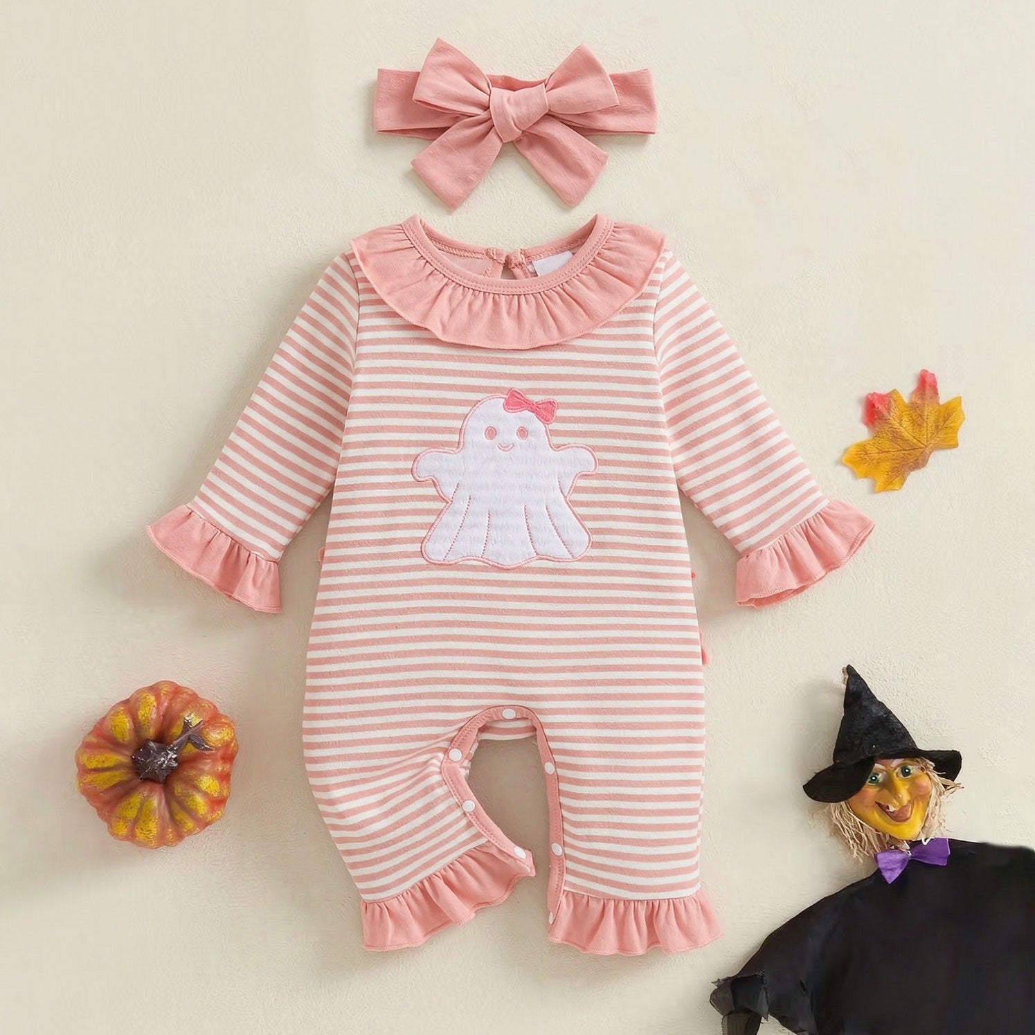 2PCS Lovely Ghost Appliqué Stripe Printed Long Sleeve Baby Jumpsuit
