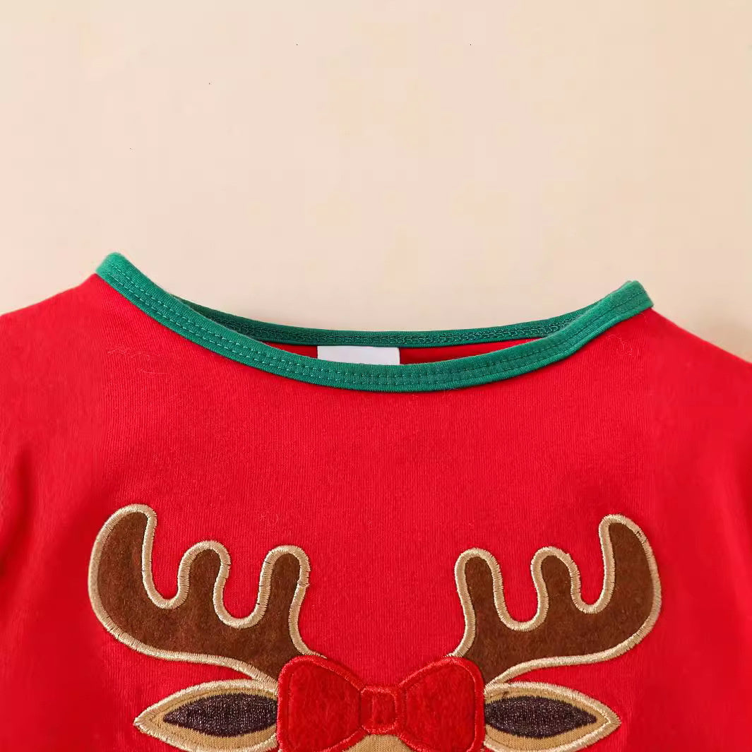Christmas Elk Embroidery Print Long Sleeve Baby Jumpsuit