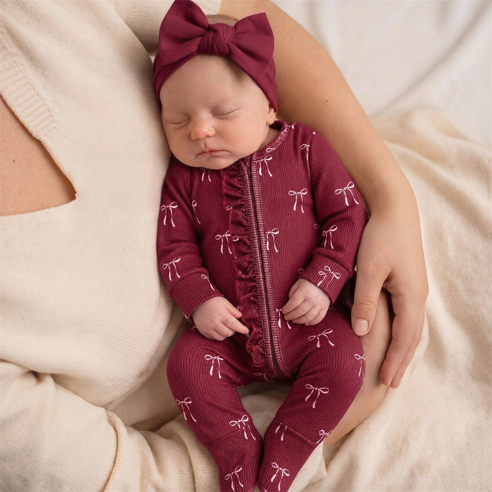 2PCS Grace Bow Print Long Sleeve Zipper Baby Jumpsuit